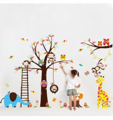 Sticker géant pour enfant - arbre, singe, girafe et oiseaux