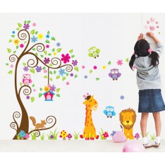 Sticker géant - Arbre, fleurs, girafe et lion